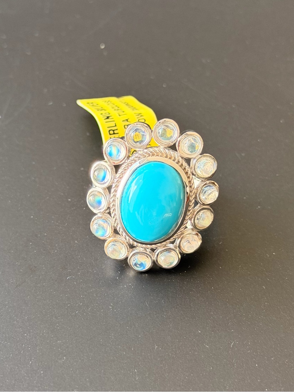 Genuine Senora Turquoise and Rainbow Moonstone Ring 925 Sterling Silver size 6